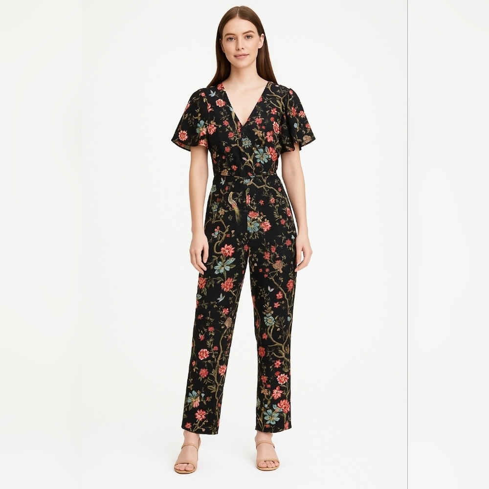 H&M Black Floral Bird Print Jumpsuit Size 00 Elegant Boho Chic One Piece